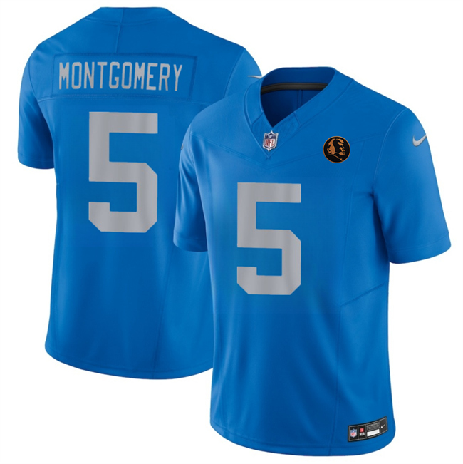 Men's Detroit Lions #5 David Montgomery Blue 2025 F.U.S.E.With John Madden Patch Vapor Limited Stitched Jersey